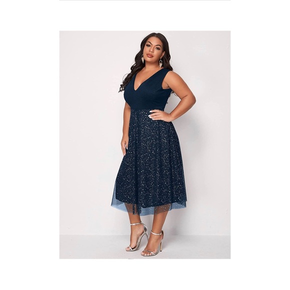 NWT Floerens Women’s Plus V Neck, Sleeveless Navy Blue Evening Midi Dress Sz 4x - Picture 3 of 6